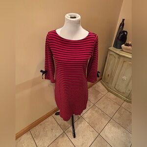 Talbots Red & Deep Navy Striped Dress with Bows on the Sleeves Size Small